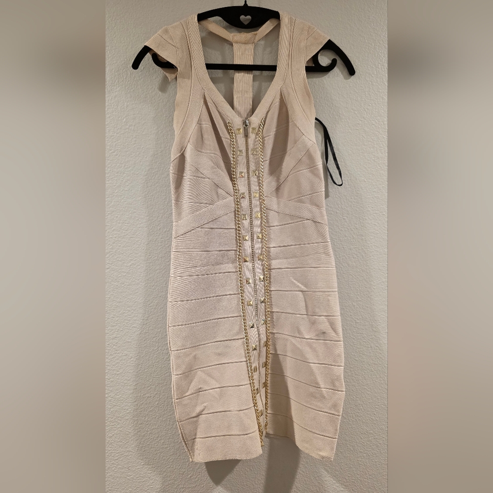 bebe Beige Dress with Gold Accents